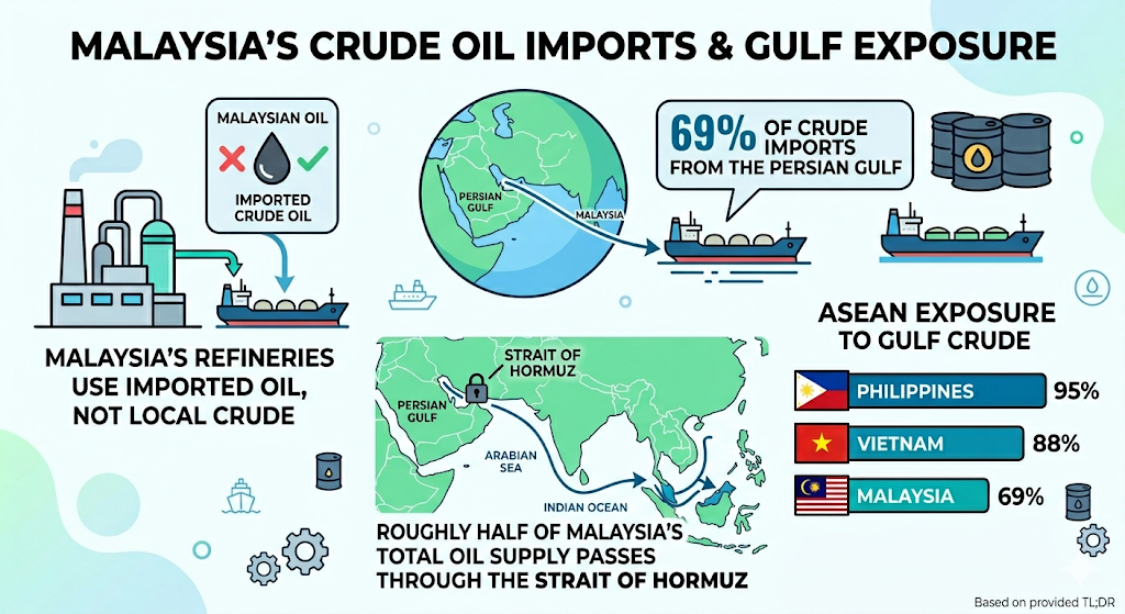 Malaysia's refineries run on imported Gulf crude — and roughly half of that supply passes through the Strait of Hormuz.