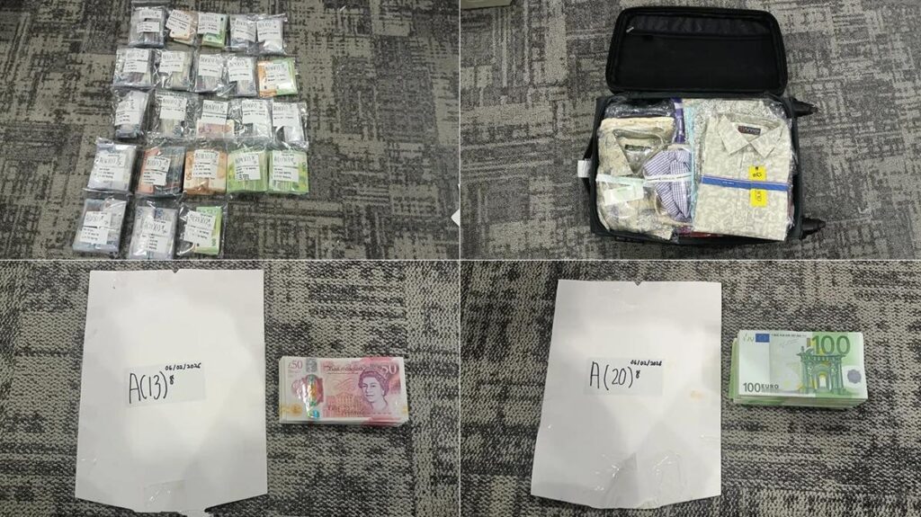 The Bangladeshi traveller's luggage contained cash consisting of Saudi Riyals, euros, and British pounds hidden in the lining of shirts to avoid detection by the authorities