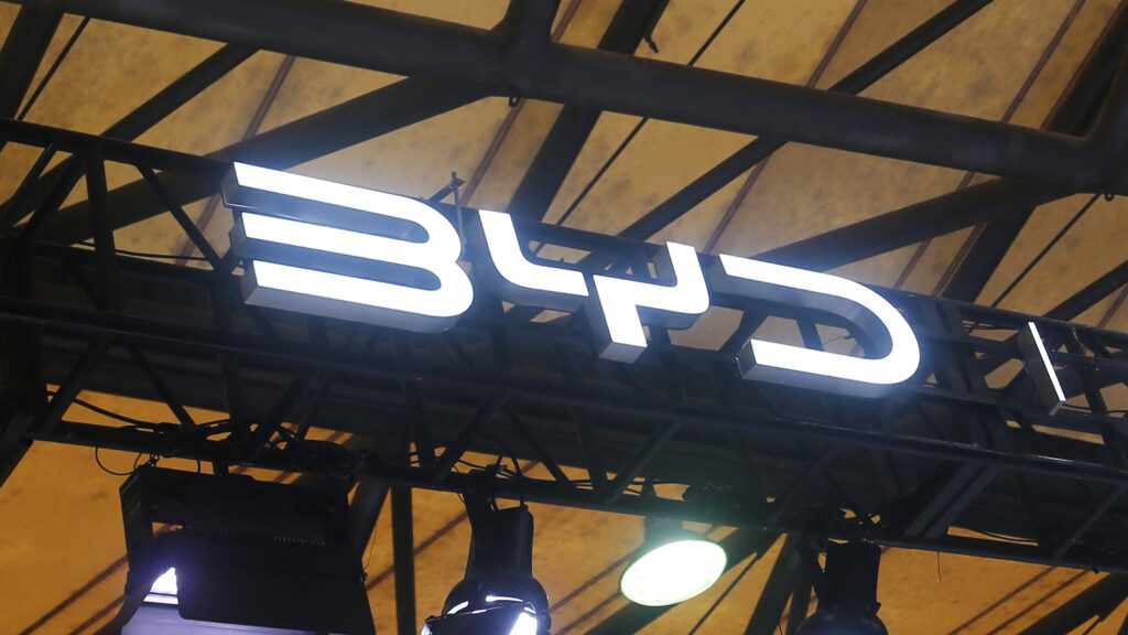 A BYD booth at the 2026 Appliance & Electronics World Expo in Shanghai, China.