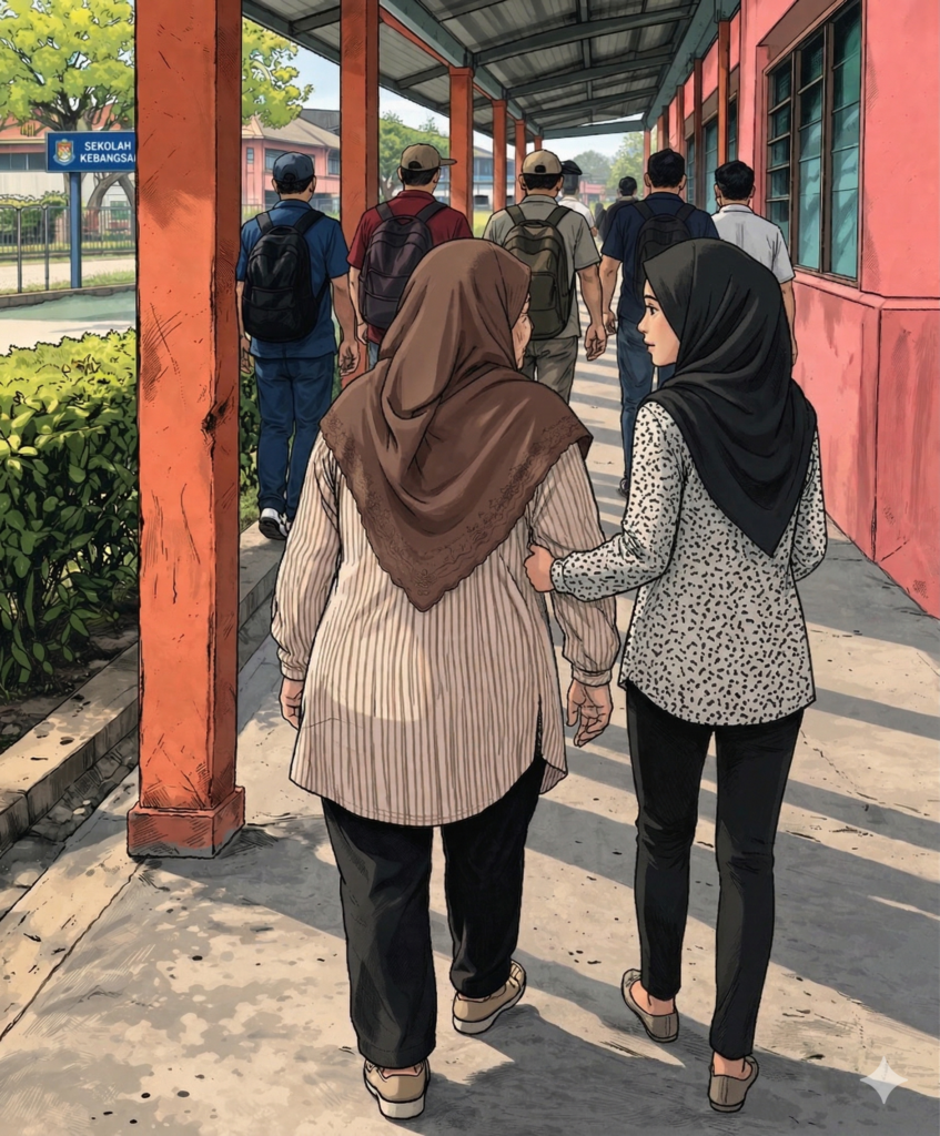 Sketch: elderly woman guided by younger lady at school briefing