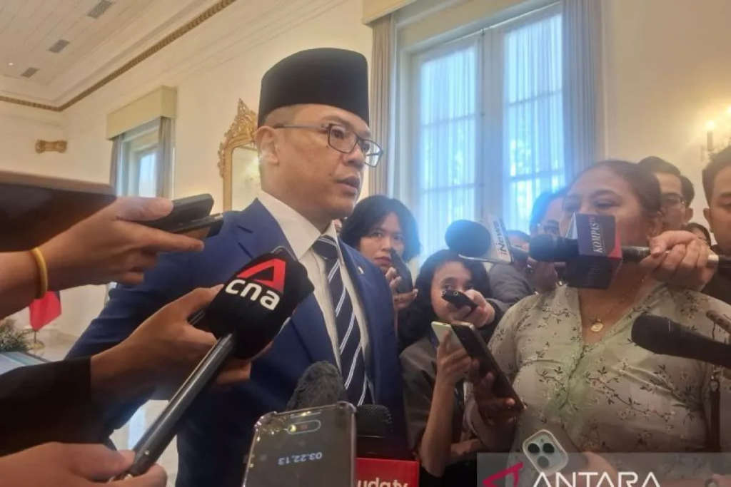 Indonesia's Foreign Minister Sugiono speaks to the media