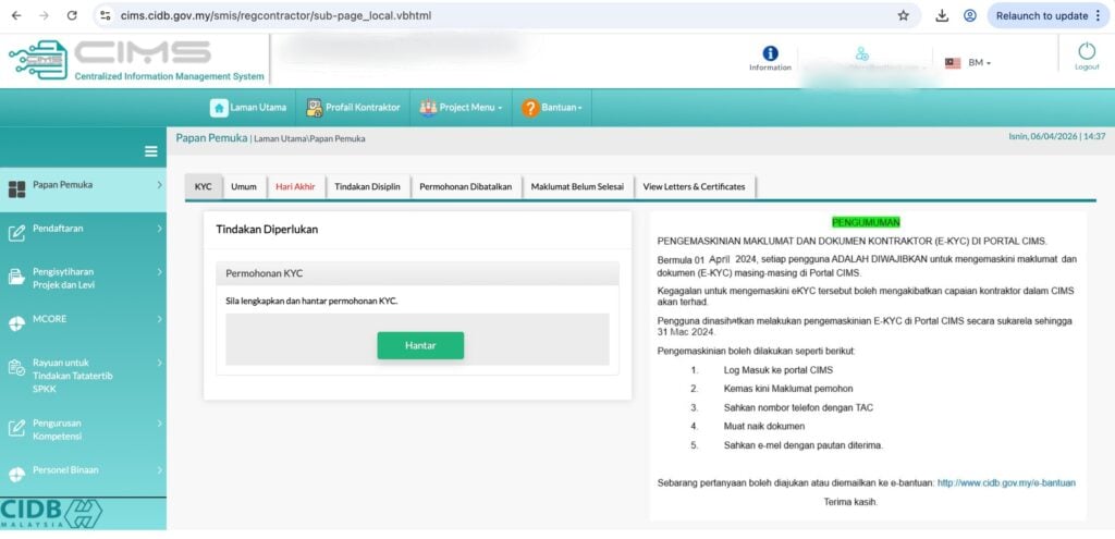 The CIMS system used by contractors to register their licences