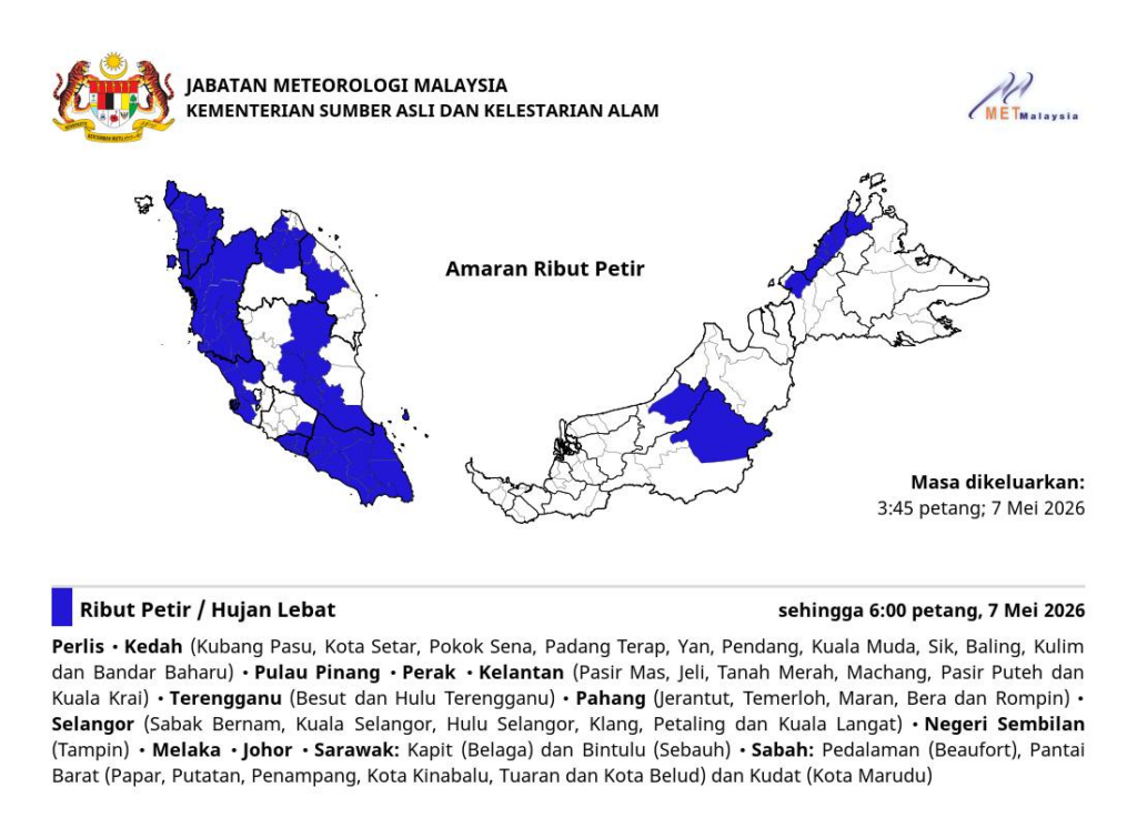 METMalaysia Issues Thunderstorm Warning For Areas Across 13 States ...