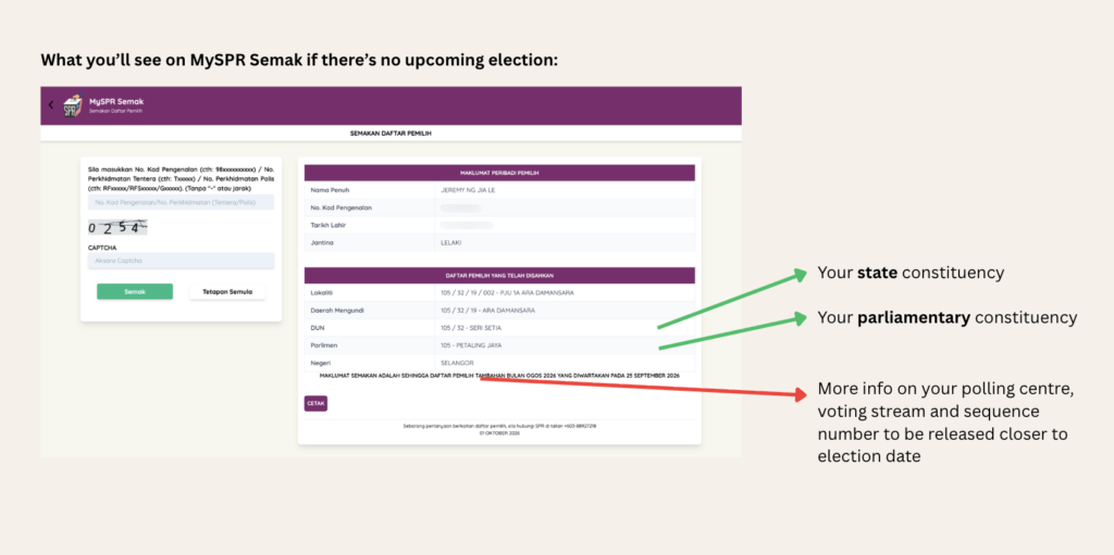MySPR Semak voter information displayed when no election is upcoming.